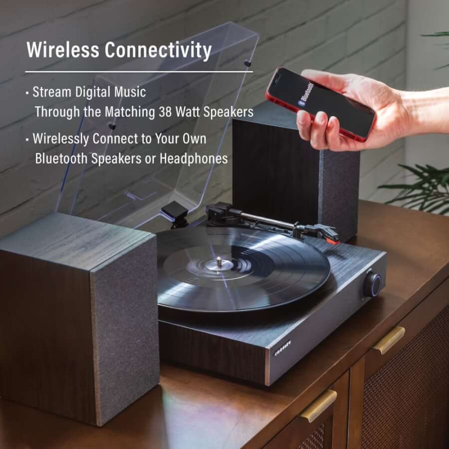 Crosley Zane CR7503A wireless connectivity: Bluetooth in and out, 38 W speakers