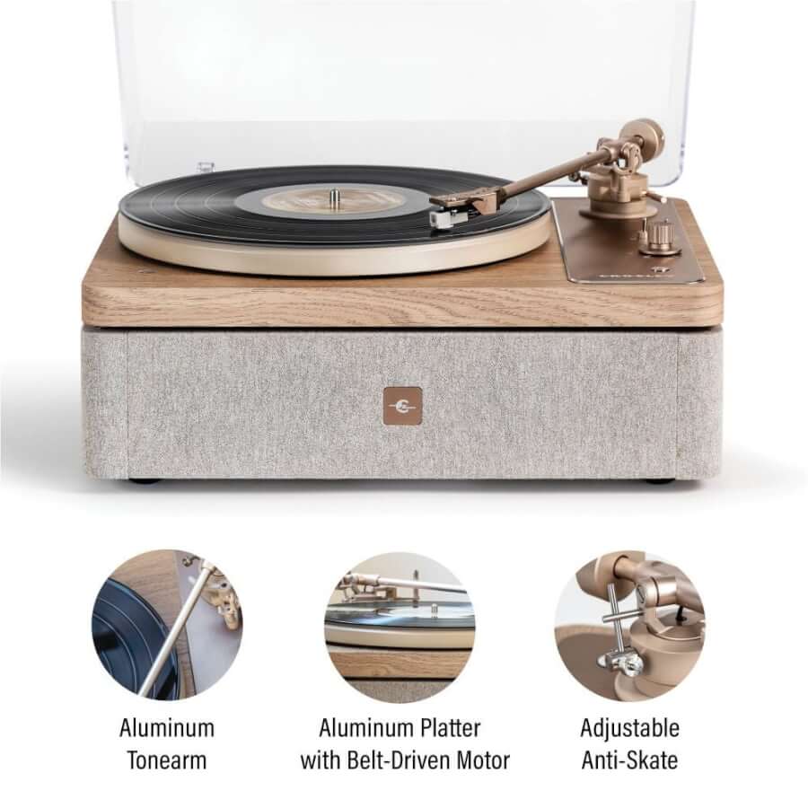 Crosley E100 aluminium tonearm, belt-driven platter and anti-skate
