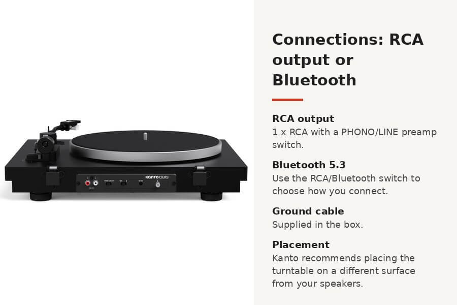 Kanto OBI3 G2 rear connections: RCA output with PHONO/LINE switch, or Bluetooth
