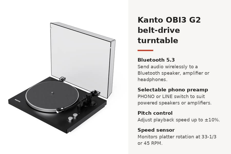 Kanto OBI3 G2 turntable highlights: Bluetooth 5.3, selectable phono preamp and pitch control