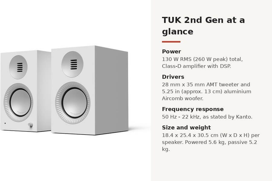 Kanto TUK 2nd Gen powered speakers: power, drivers, frequency response, size and weight (photo shown in Matte White)