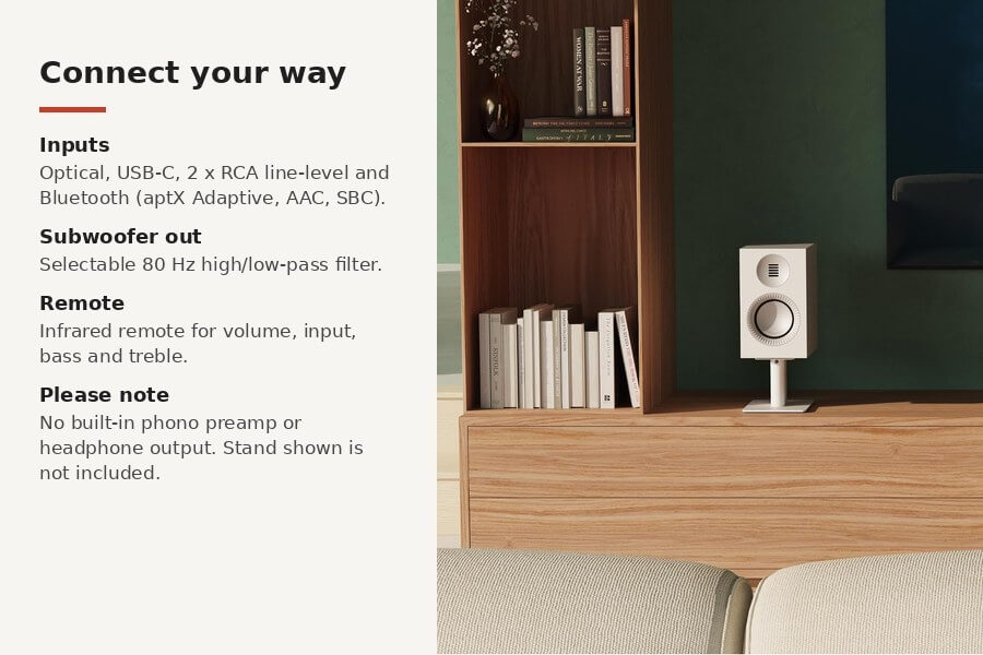 Kanto TUK 2nd Gen inputs, subwoofer output and remote; stand shown is not included (photo shown in Matte White)