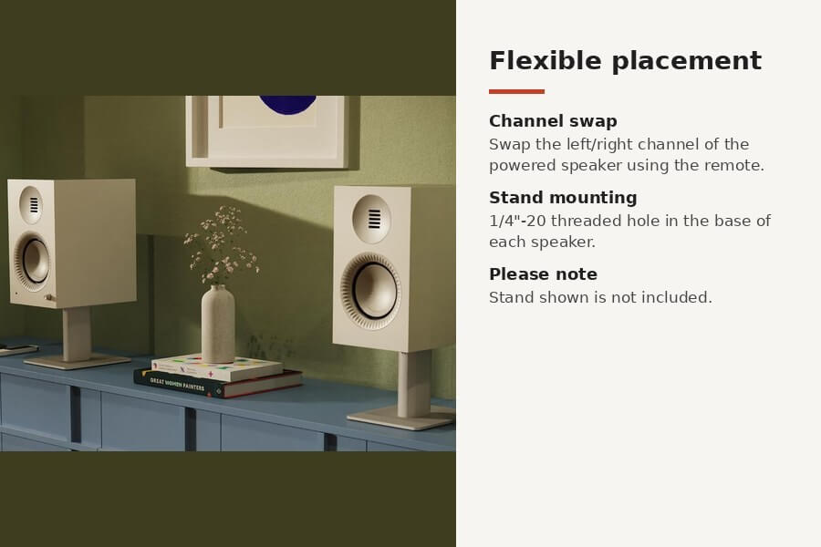 Kanto TUK 2nd Gen flexible placement with channel swap and 1/4-20 base mount; photo shows a different finish and a stand that is not included