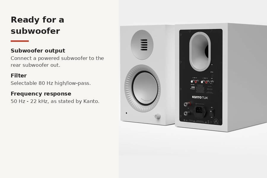 Kanto TUK 2nd Gen subwoofer output with selectable 80 Hz high/low-pass filter (photo shown in Matte White)