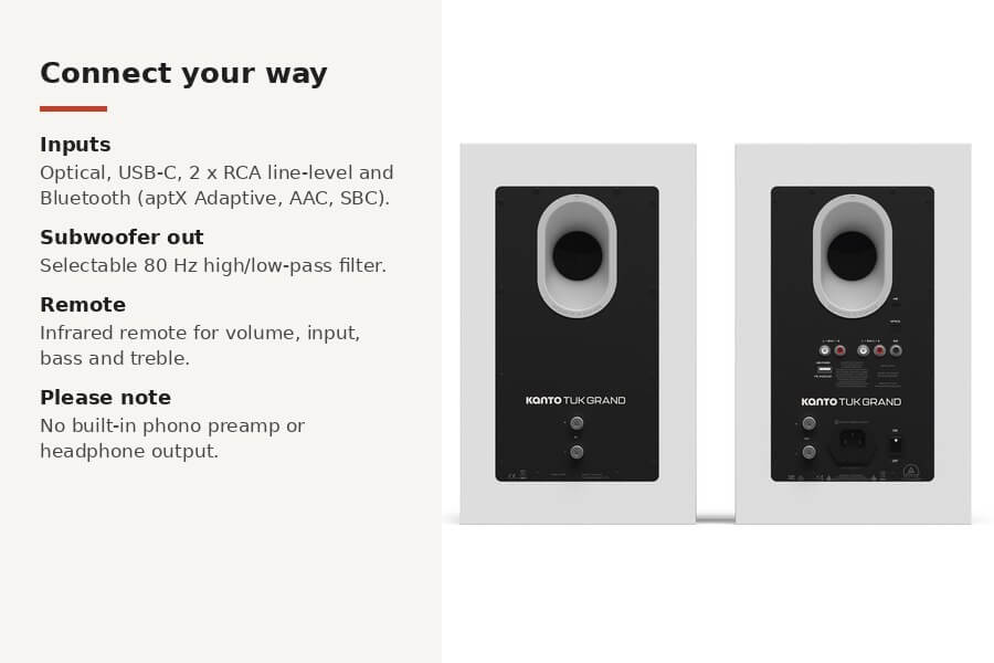 Kanto TUK Grand 2nd Gen rear connections, subwoofer output and remote (photo shown in Matte White)