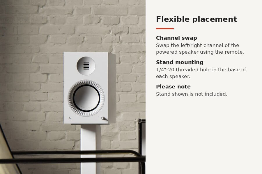 Kanto TUK Grand 2nd Gen flexible placement with channel swap and 1/4-20 base mount; stand shown is not included (photo shown in Matte White)