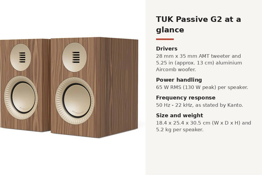 Kanto TUK Passive G2 speakers: power handling, drivers, frequency response, size and weight