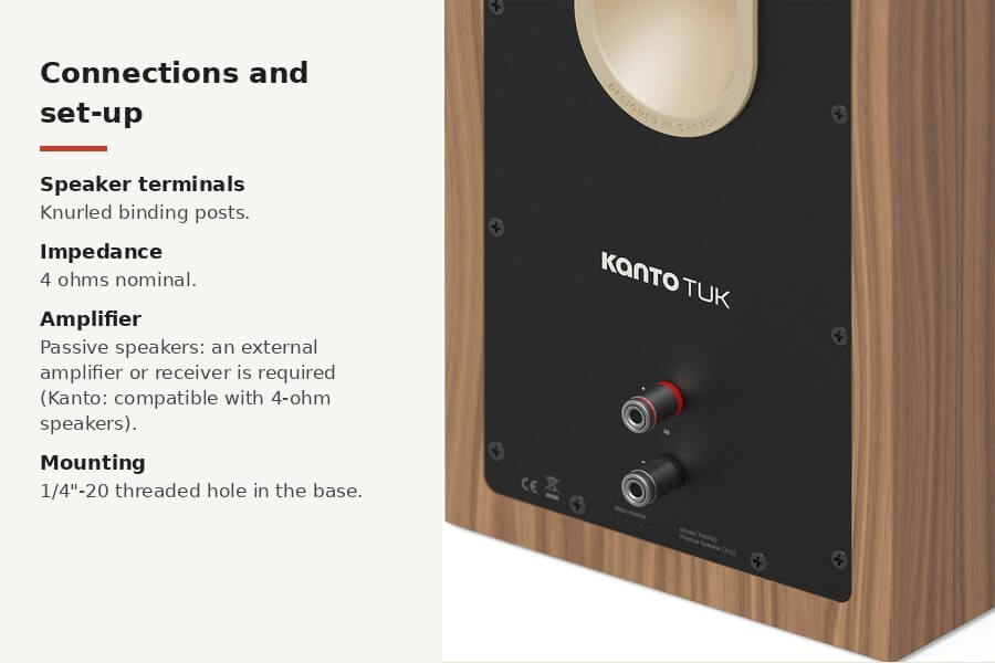Kanto TUK Passive G2 binding posts, 4 ohm impedance and external amplifier requirement