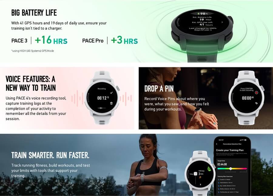 COROS PACE 4 battery life, voice features, Drop a Pin and training tools