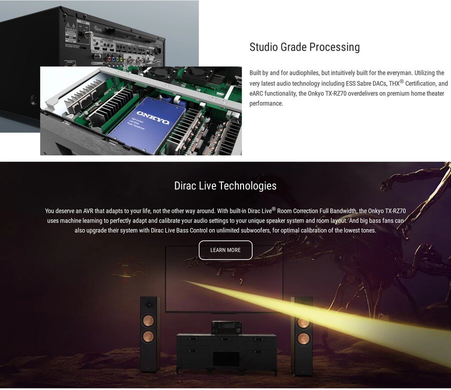 Onkyo TX-RZ70 studio-grade processing and Dirac Live technologies