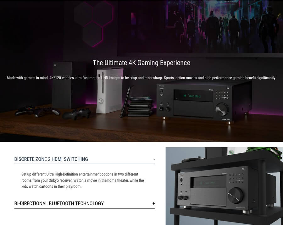 Onkyo TX-RZ70 4K gaming experience and discrete Zone 2 HDMI switching